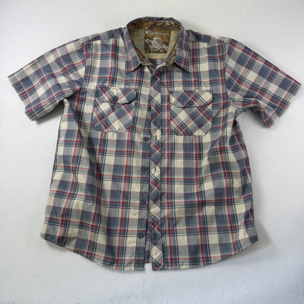 Realtree Mens Large Plaid Short Sleeve Button Down Shirt Blue Red Camo Trim